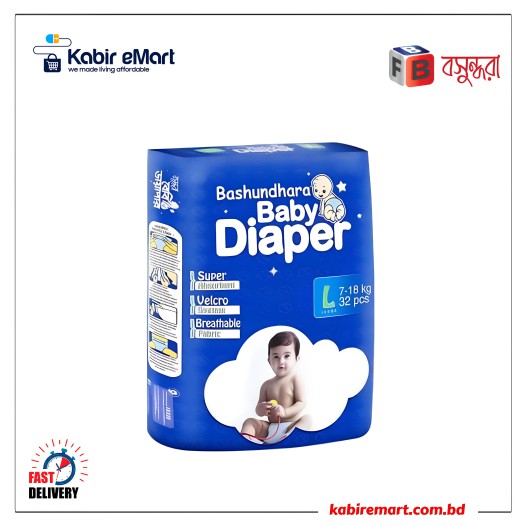 Bashundhara Baby Diaper Belt System, Size L, (7-18) Kg, 32 Pcs