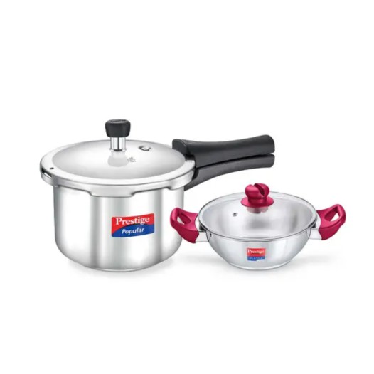 Prestige Popular Gas and Induction Compatible Pressure Cooker (3 L) + Platina Popular Kadai with Glass Lid, 22 cm (2.25 L) Kitchen Set